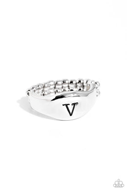Monogram Memento Silver Skinny Band Ring - V