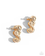 Load image into Gallery viewer, Sea Horse Statement Gold Hinged Hoop Earrings