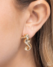 Load image into Gallery viewer, Sea Horse Statement Gold Hinged Hoop Earrings