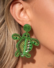 Load image into Gallery viewer, Turtle Tapestry Green Seed Bead Earrings