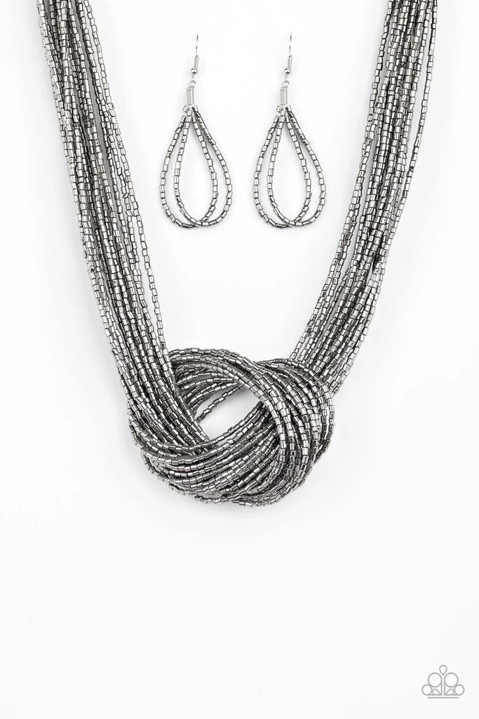 Knotted Knockout Gunmetal Seed Bead Necklace