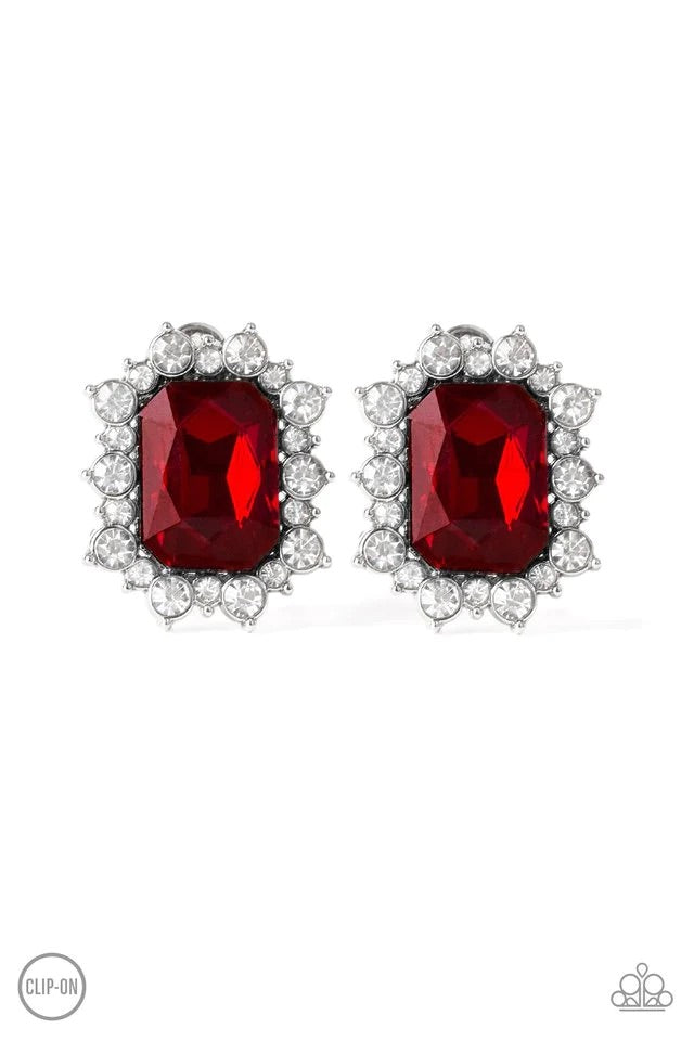 Prime Time Shimmer Red Clip On Earrings