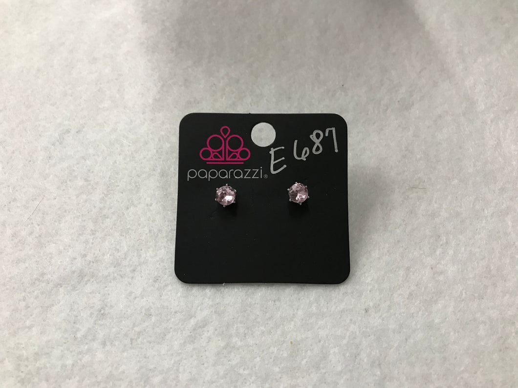 Starlet Shimmer Round Gem w/6 Prongs Pink Post Earrings #687