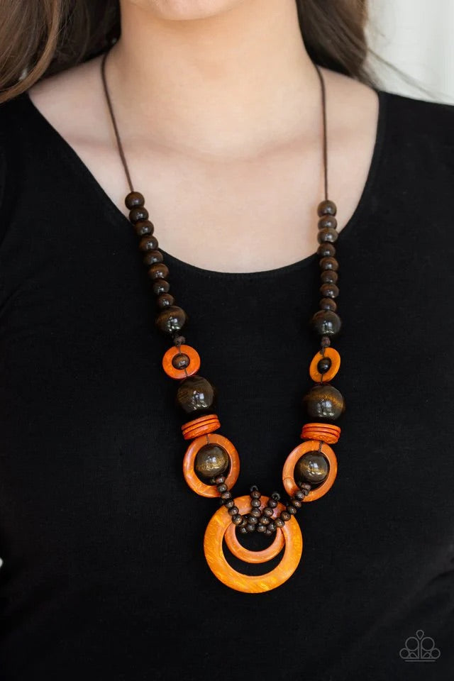 Boardwalk Party Orange Wood Necklace