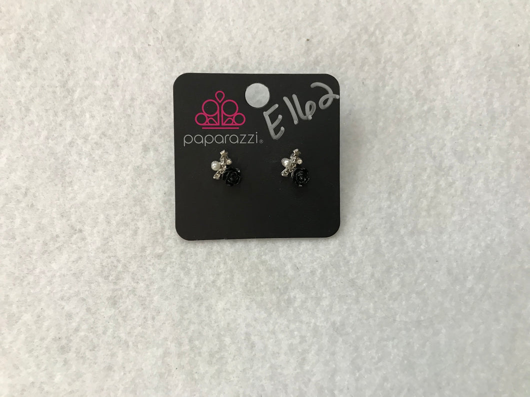 Starlet Shimmer Rose w/Pearl & Gem Black Post Earrings #162